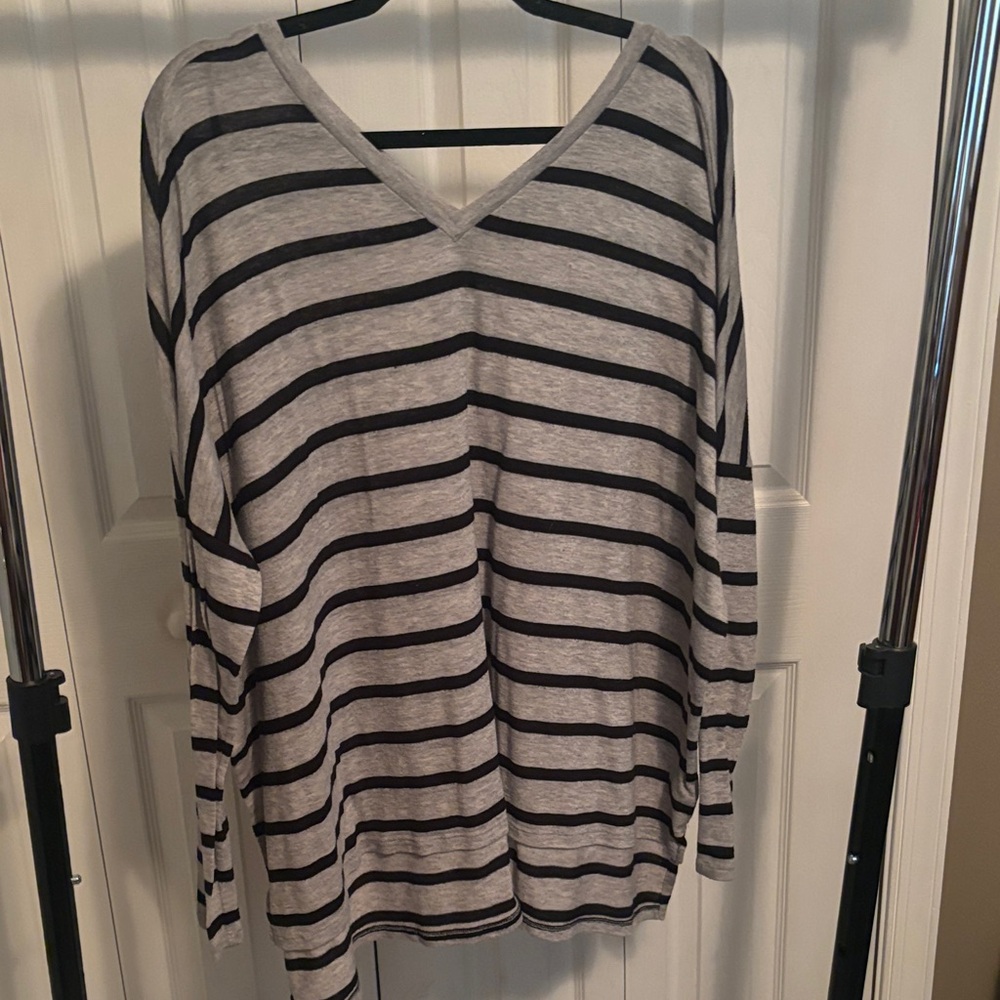 Express Black and Gray Striped V-Neck Long Sleeve Top